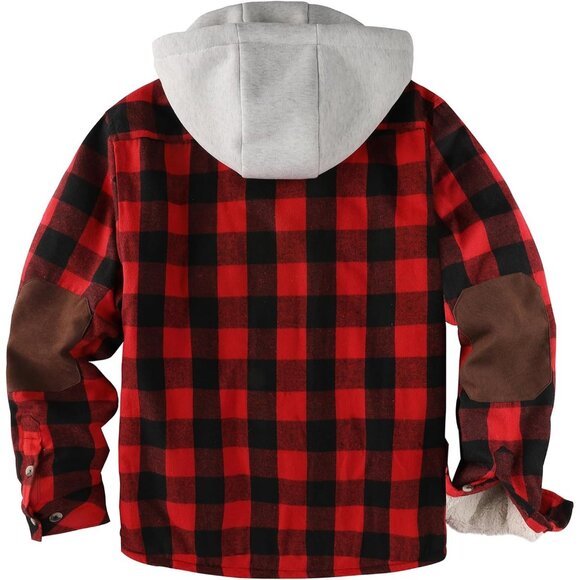 Mens Hooded Red Black  Sherpa Line Plaid Flannel Jacket Warm Winter Fleece Coat. - Picture 3 of 6
